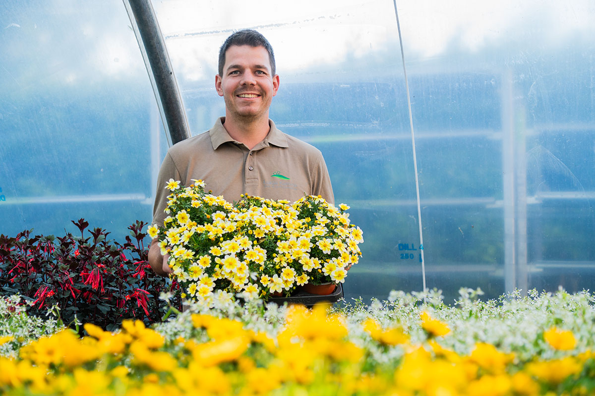 Lukas Kümmel, ein junger Mann mit dunklen Haaren und braunem Poloshirt, auf dem sein Logo aufgedruck ist, steht in einem Gewächshaus umringt von roten, weißen und gelben Blumen und hält eine Stiege gelber Blumen in den Händen. Er schaut frontal in die Kamera und lächelt freundlich.